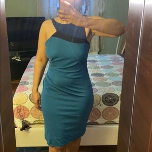 BCBG Maxazria Teal Gren and black Ruched Dress